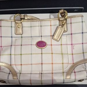 Coach Cream Plaid Tote with Multicolor Check and Gold Accents